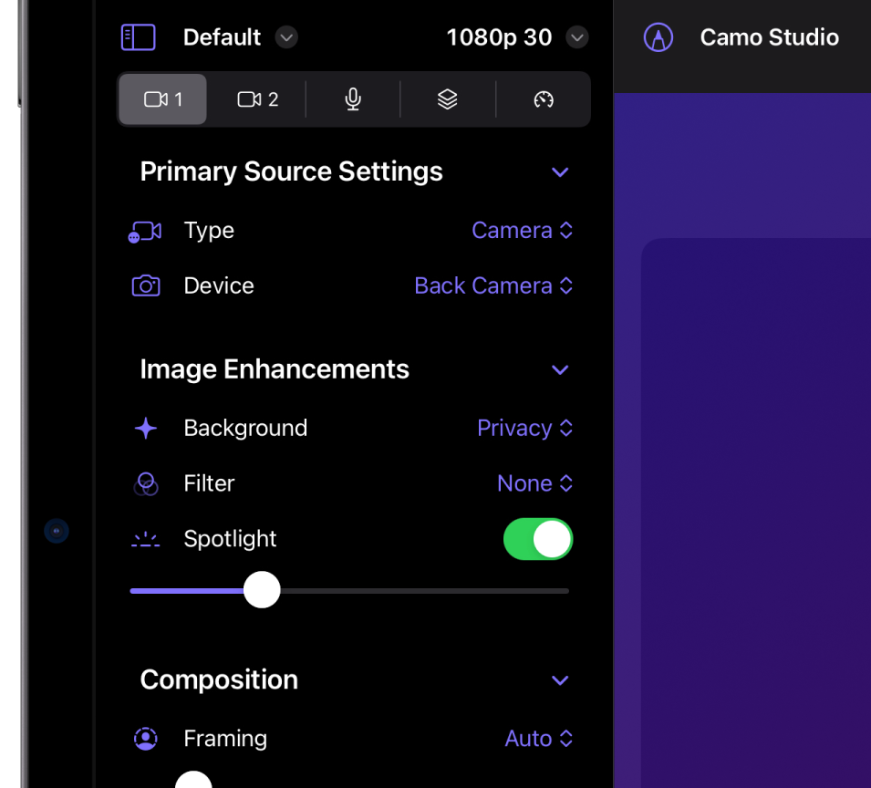 Scene settings in Camo Studio for iPad